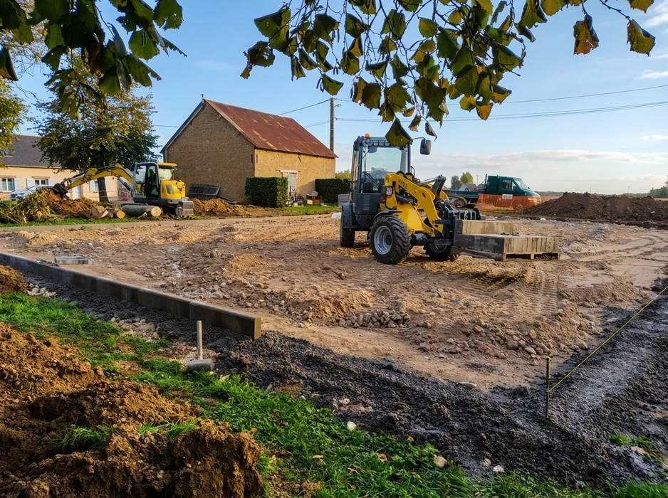 Chantier de voirie en milieu rural, vue extérieure de jour