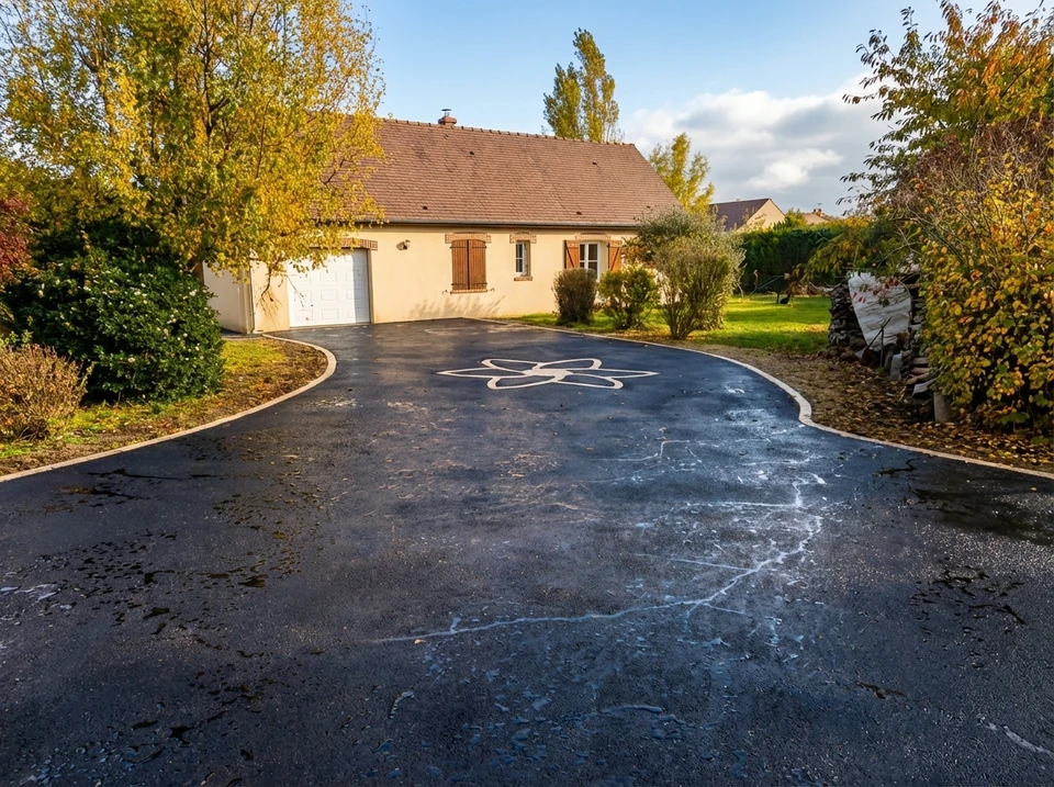 Allée de maison en béton imprimé blanc grisé, motif rosace boussole central avec points cardinaux, texture pavé grand format