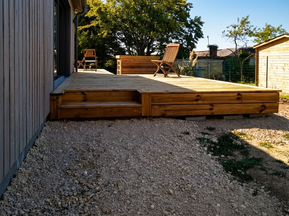 Allée de maison individuelle en béton désactivé beige, entourant une maison alsacienne blanche à toit en tuiles ardoisées