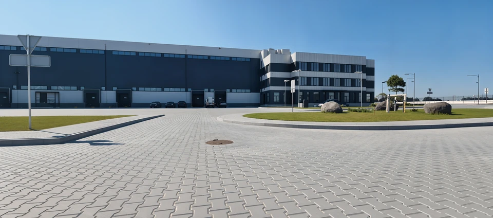 Extérieur d'un site de stockage de matériaux de construction avec empilement organisé de produits manufacturés
