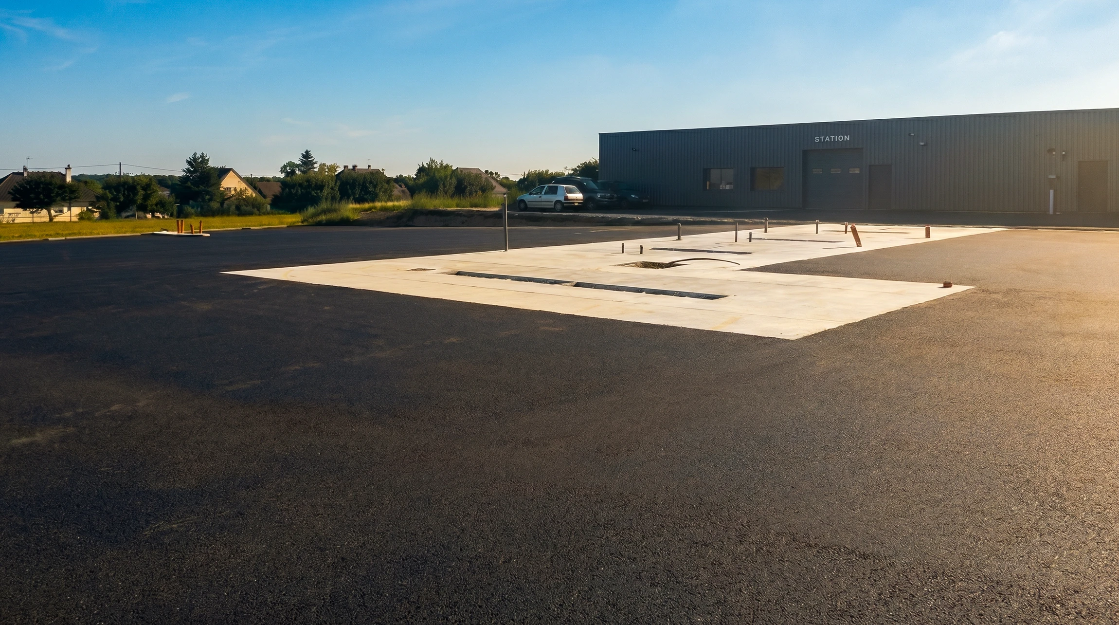 Grand entrepôt industriel vide avec sol en béton poli réfléchissant et plafond métallique à poutres apparentes